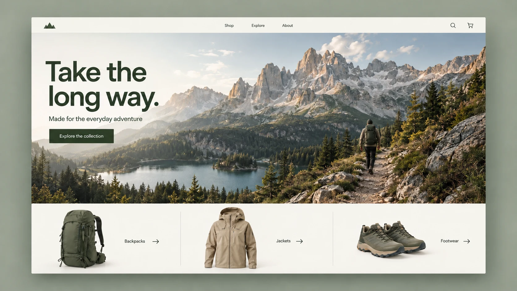 Anonymous outdoor e-commerce website concept with an alpine hiking photograph and a considered gear collection